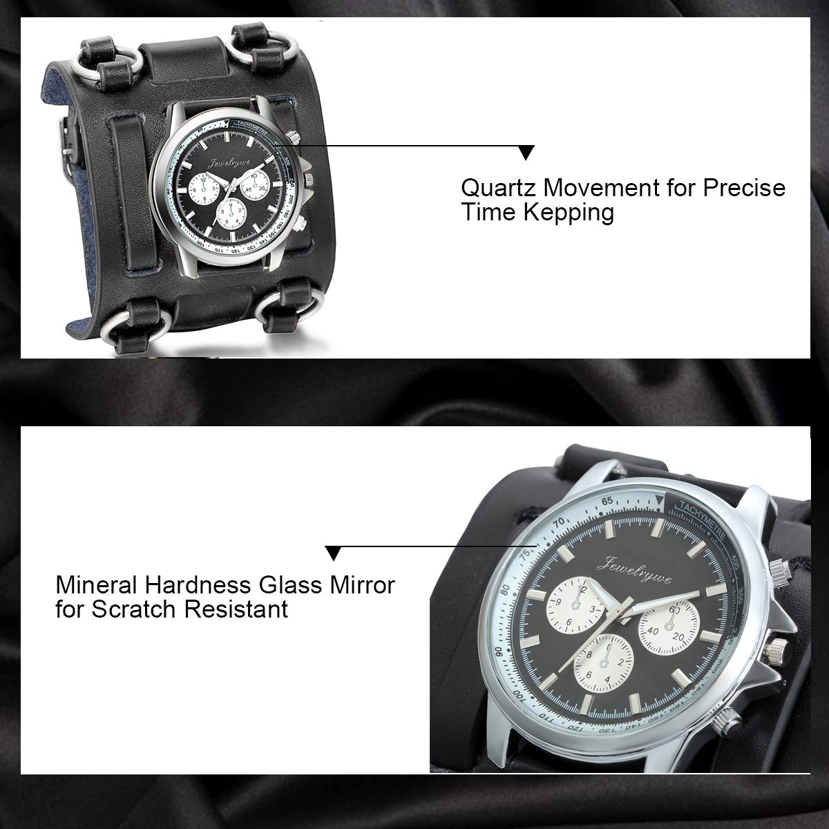 JewelryWe Black Hip-hop Gothic Punk Style Men Watch Wide Leather Fashion Cuff Wristwatch for Halloween