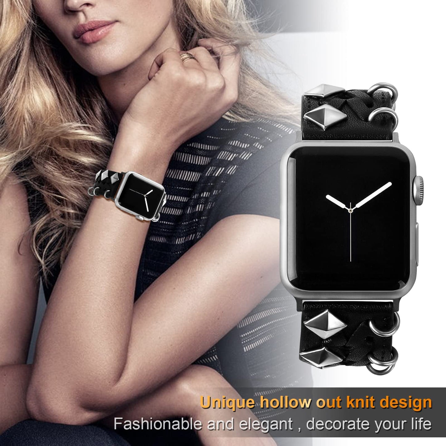 VIQIV Leather Band Compatible with Apple Watch Ultra Band 38mm 41mm 40mm for Women Men, Hollow-out Woven Rivets Bracelet Designer Wristbands Smartwatch Strap for iWatch Series SE 8 7 6 5 4 3 2