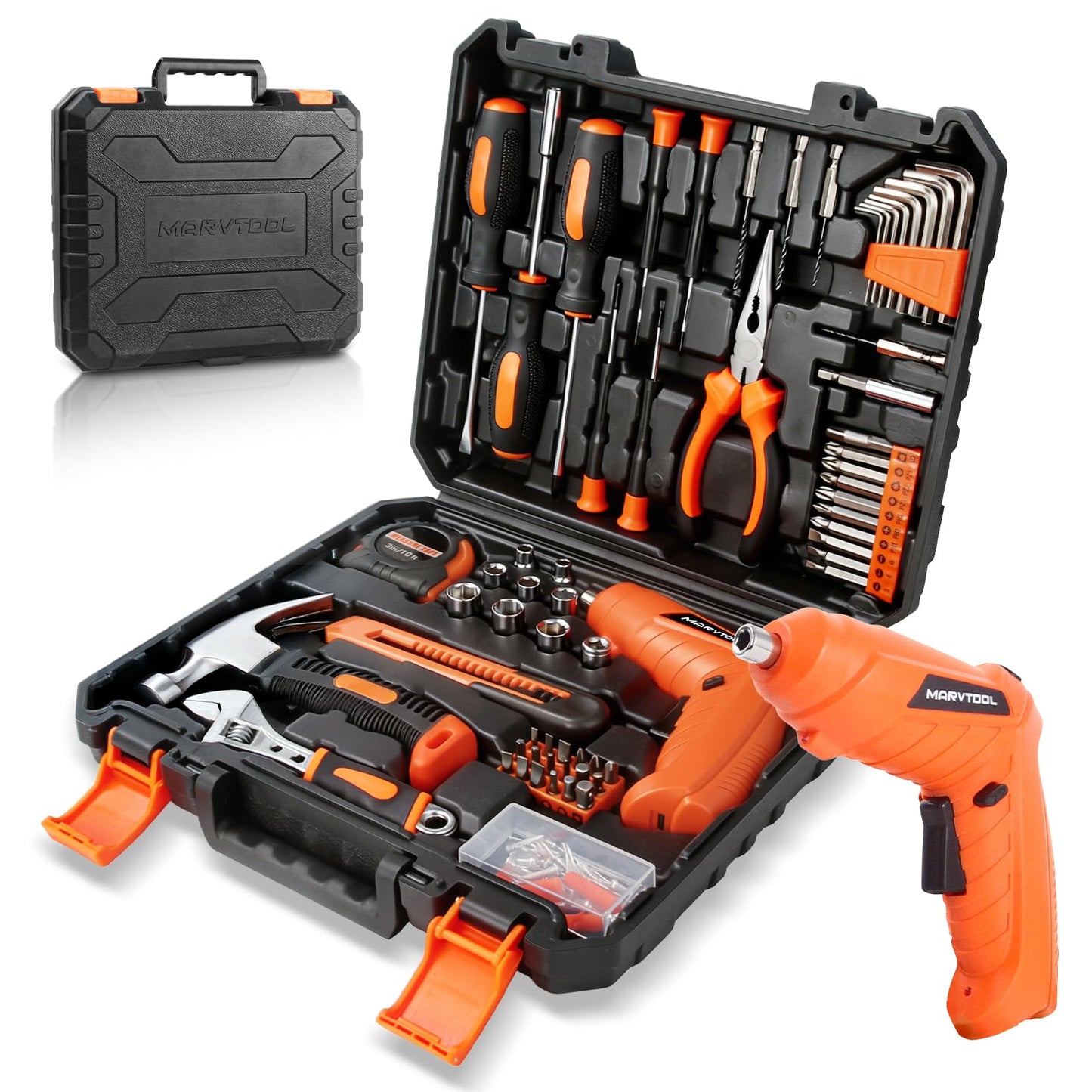 MarvTool 140 Piece Tool Set, Portable Tool Box with Cordless Drill, Home Repair Hand Tool Kit, General Household Drill Set for Homeowner, DIY, Handyman, Women