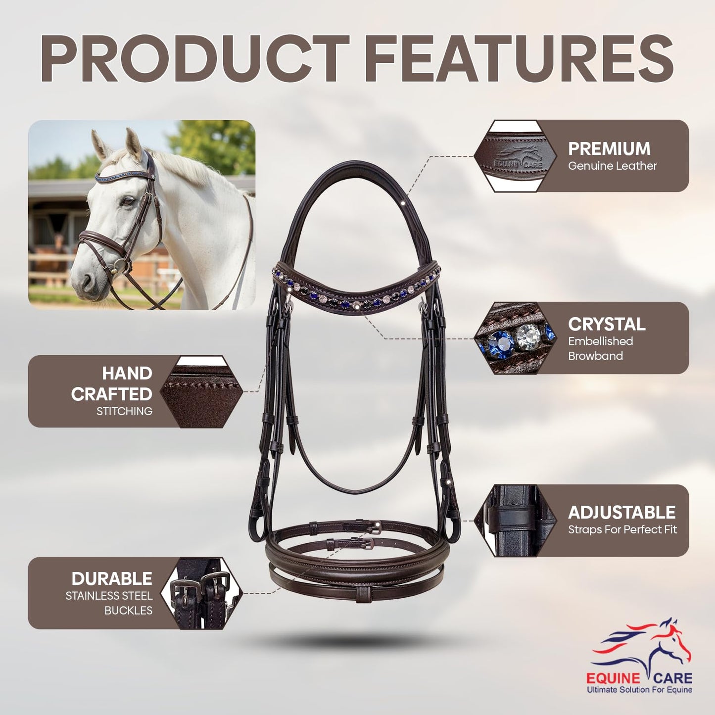 Equine Care Leather English Horse Bridle with Reins, Full Size Havana Brown, Raised Fancy-Stitched Hunter Show Bridle with Blue & Clear Crystal Browband, Padded Crownpiece, Stainless Steel Hardware.