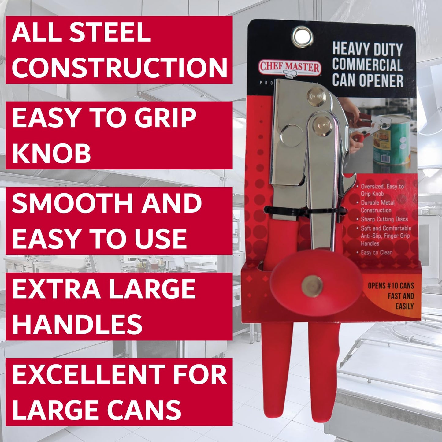 Chef Master Commercial Can Opener Heavy Duty - Manual Hand Crank for Large Cans with Anti-Slip Grip - Stainless Steel Restaurant Can Opener Manual for Seniors, Kitchen, Bars & Food Trucks - 90056