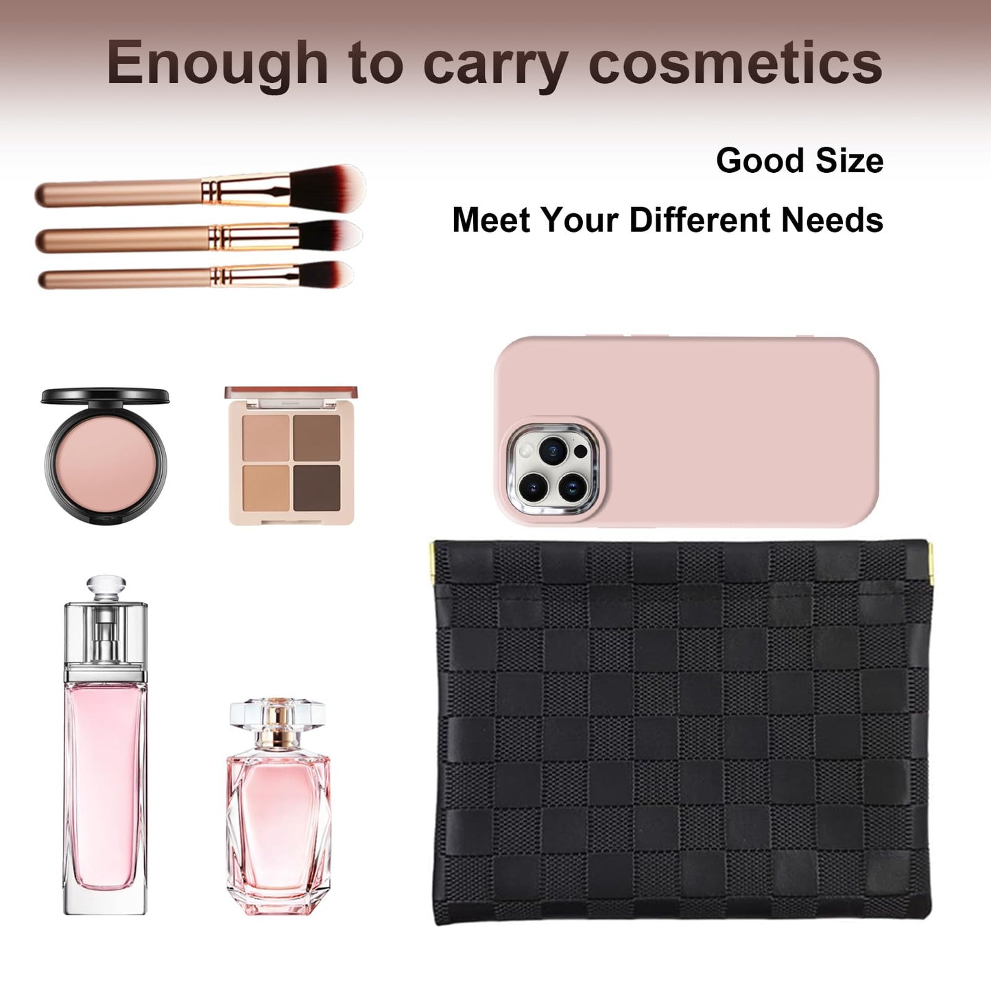 3Pcs Small Makeup Bag for Purse, Waterproof Portable Checkered Leather Makeup Pouch, Small Purse Pouches for Purse Small Coin Purse Organizer Pouches Snap Closure Pocket Cosmetic Bag for Women (Black)