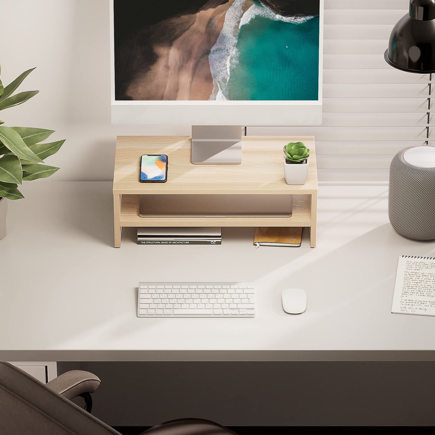 FITUEYES Monitor Stand - 2 Tier Computer Monitor Riser Shelf, Wood Desktop Stand for Laptop Computer Screen, Desk Organization, Office Supplies