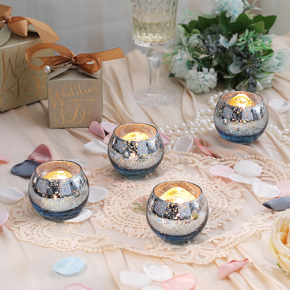 LETINE 36pcs Blue Votive Candle Holders - Elegant Mercury Glass Tea Light Candle Holder Set for Weddings, Holiday Season Decorations,Christmas Table Centerpieces