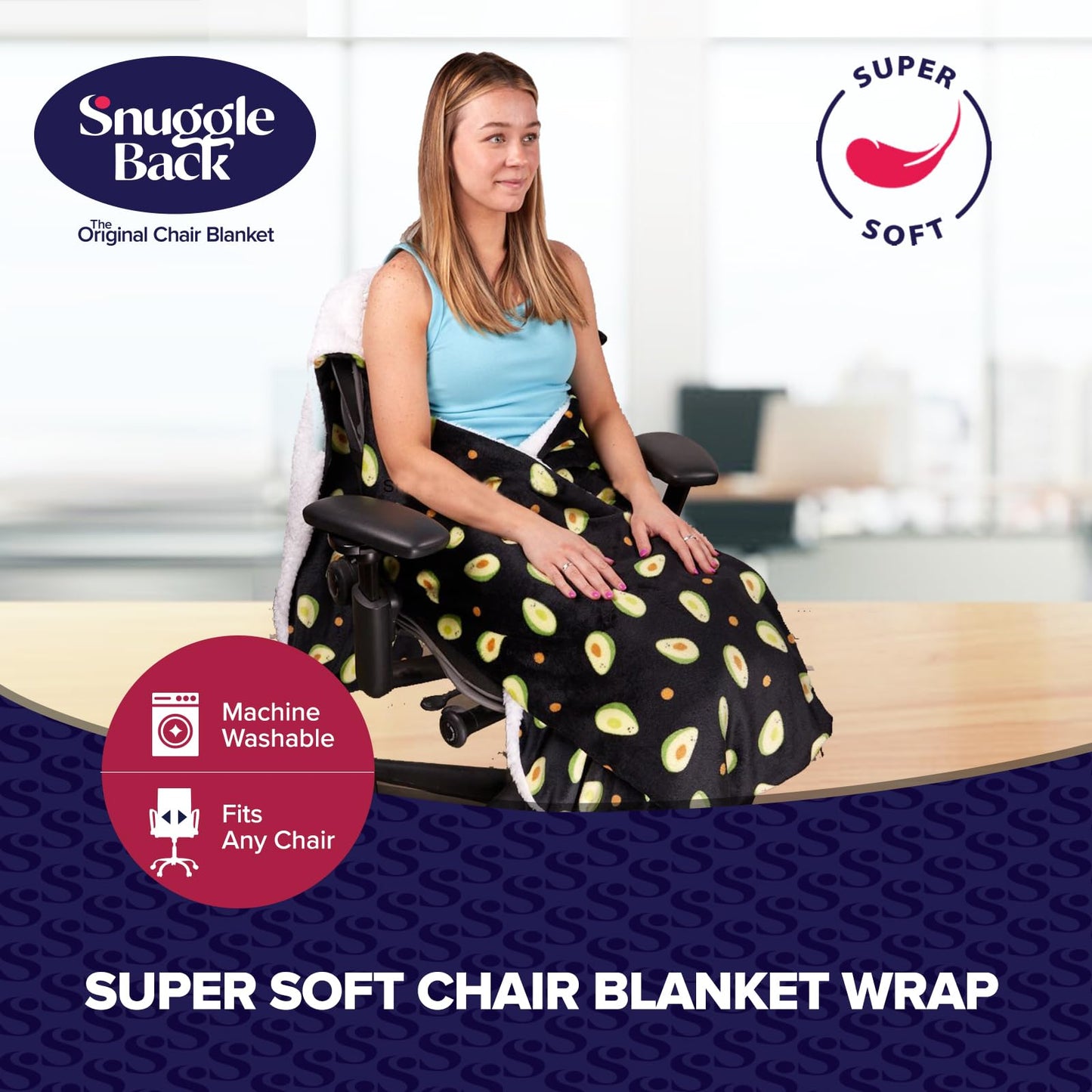 The Original Office Chair Blanket by SnuggleBack; Cozy Comfy Office Desk Chair Wrap Attaches for Hands-Free Warmth. Stay Warm In The Winter or Summer. (Black Pattern Fleece)