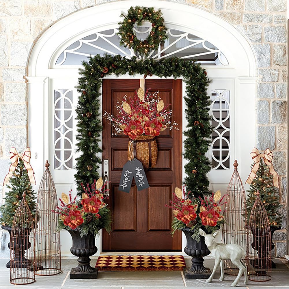 Briful 2PCS Christmas Glitter Magnolia Flowers Picks and Spray with Christmas Balls Ornament Red Berries Gold Leaves Branches for Xmas Tree Wreath Vase Floral Arrangement (Red Gold)
