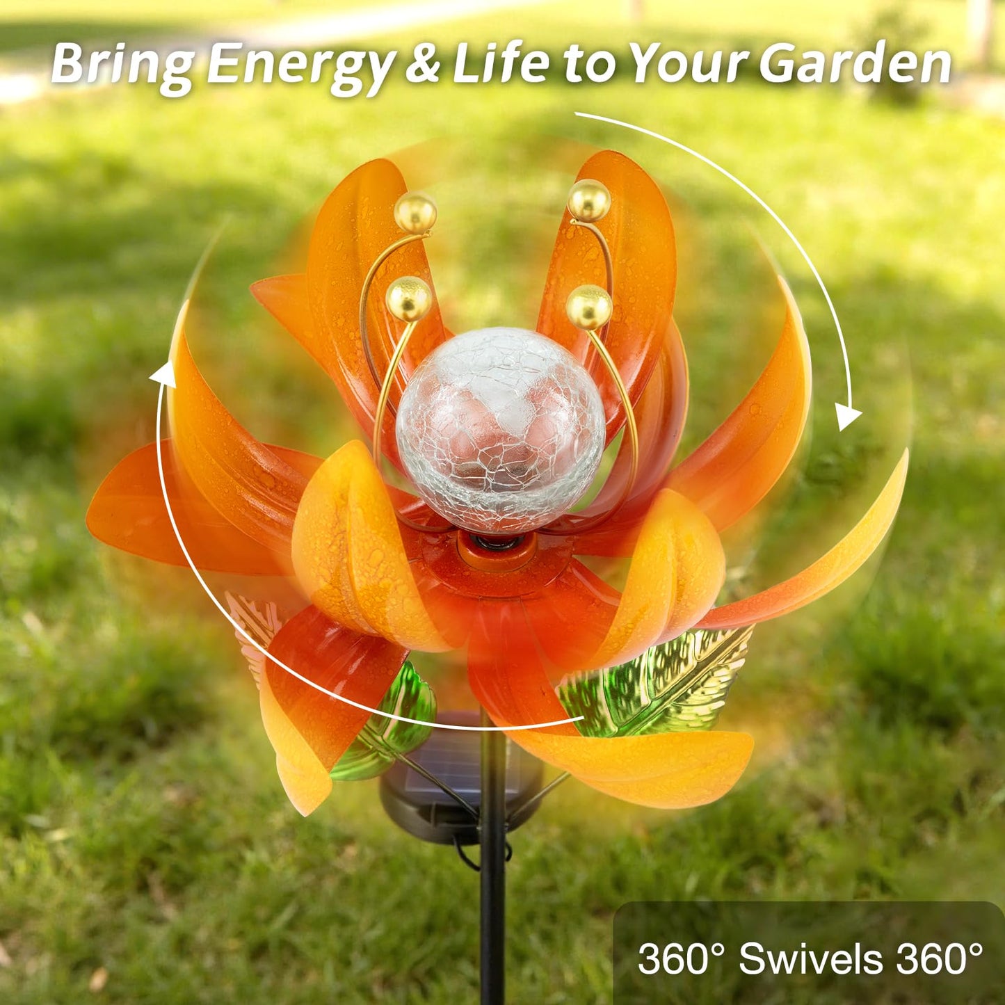 AIINY Outdoor Solar Lights Garden Decor,Wind Spinner Yard Decorations for Outside, Lotus Garden Windmill with LED Cracked Crystal Waterproof Flower Sculpture for Patio Lawn Gardening Gifts