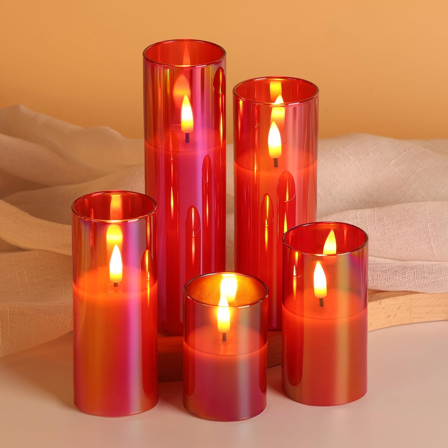 Girimax Red Glass Flameless Candles with Remote Batteries, Flickering Christmas LED Pillar Candles Set of 5