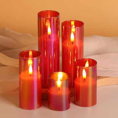 Girimax Red Glass Flameless Candles with Remote Batteries, Flickering Christmas LED Pillar Candles Set of 5