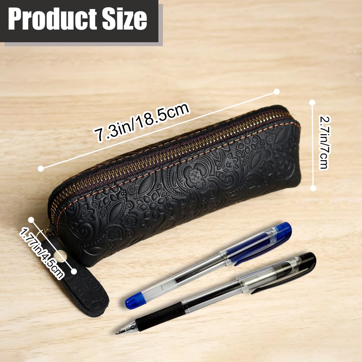 XQIGI Vintage Leather Pen Case, Handcrafted Genuine Leather Zippered Fountain Pen Pouch, Flower Makeup Holder Stationery Bag for Men and Women(Black)