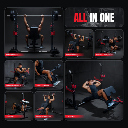 Yoleo Weight Bench with Rack - Bench Press Set, Leg Extension, Preacher Curl & Flat/Incline/Decline Full Body Workout Bench, Adjustable Olympic Weight Benches for Home Gym(47.44IN WIDE GRIP) (47.44“ Wide Grip)