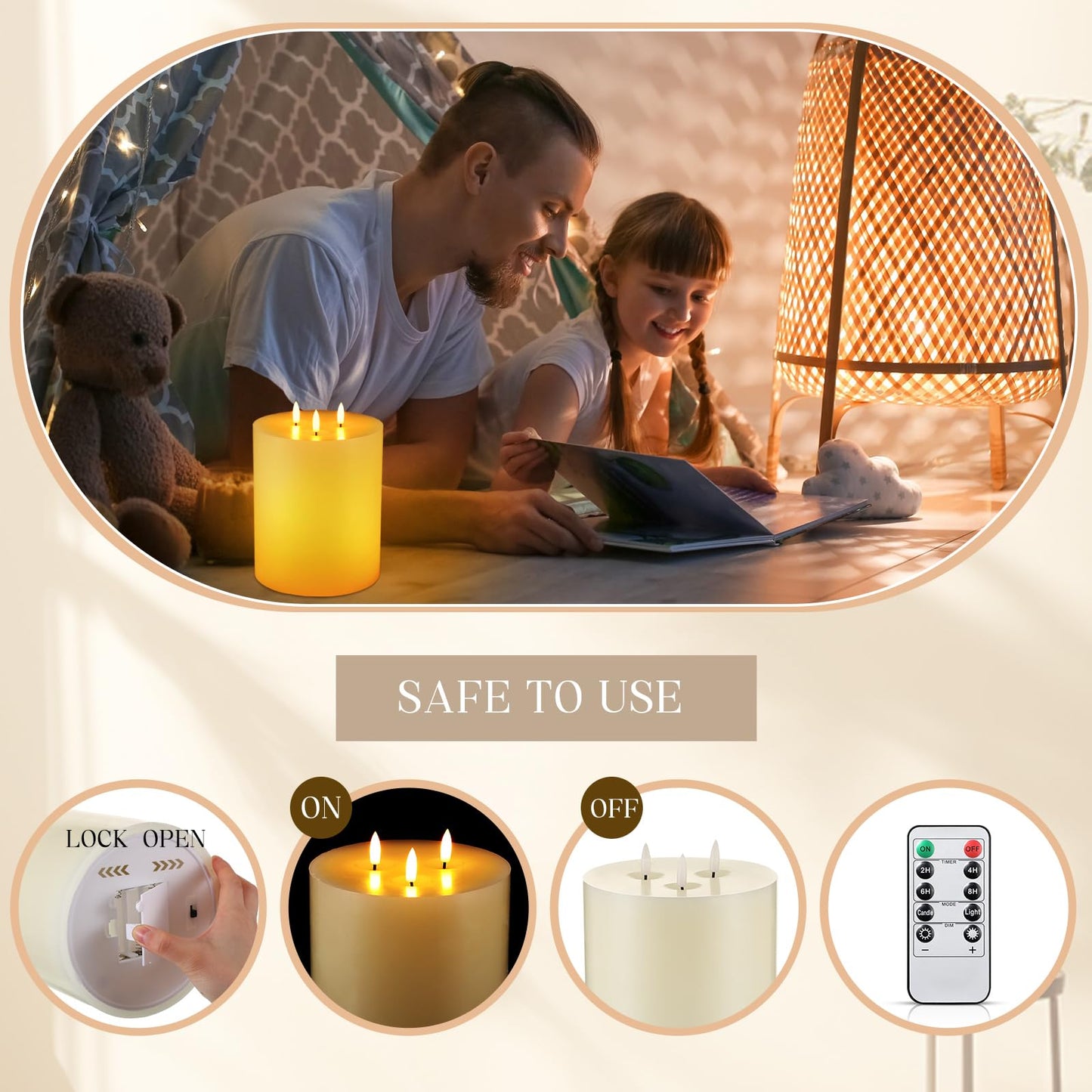 Retisee Extra Large Flameless Candles LED Battery Operated Real Wax 3 Wicks Flickering Pillar Candle with Remote Control Timer for Home Wedding Christmas Party Decoration (Ivory,6'' X 8'')