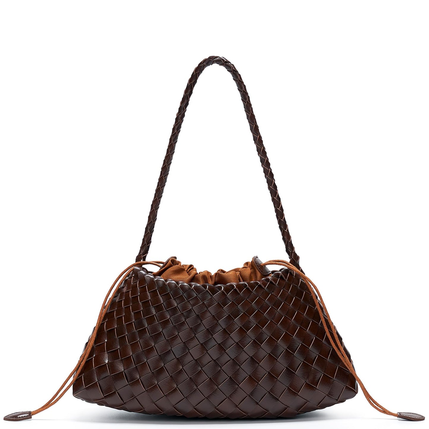 YDF Small Woven Purse for Women, Vegan Leather Shoulder Bag, Slouchy Tote Bag with Inner Drawstring Pouch, Underarm Handbag- Dark Brown