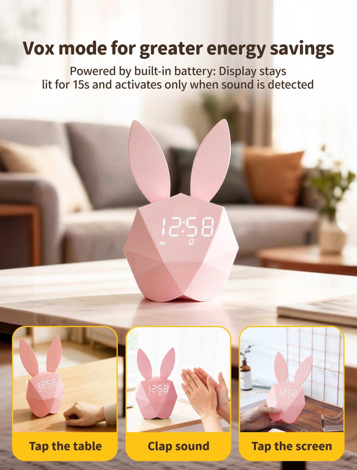 MASHI Bunny Kids Alarm Clock for Girls, Pink Alarm Clock with Night Light & Snooze, Sound Activated Digital Clock, 5 Ringtones & Adjustable Volume,Gift Ideas for Kids Girls Teens Room Decor (Pink)