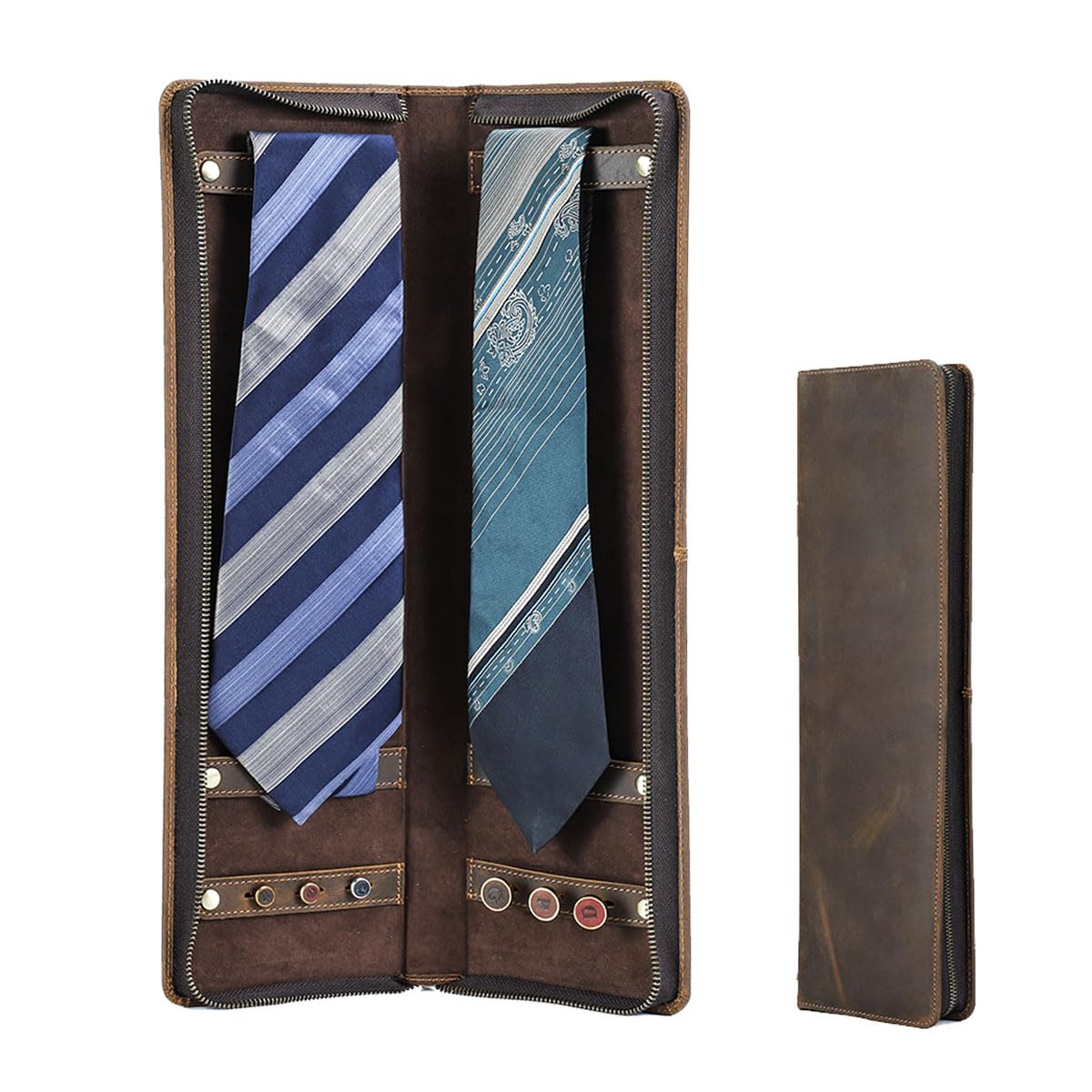 CONTACTS Ties Travel Case Leather Neckties Storage Box Formal Dress Accessories Anti Wrinkle Organizer for 2 Ties with Cufflinks Holder