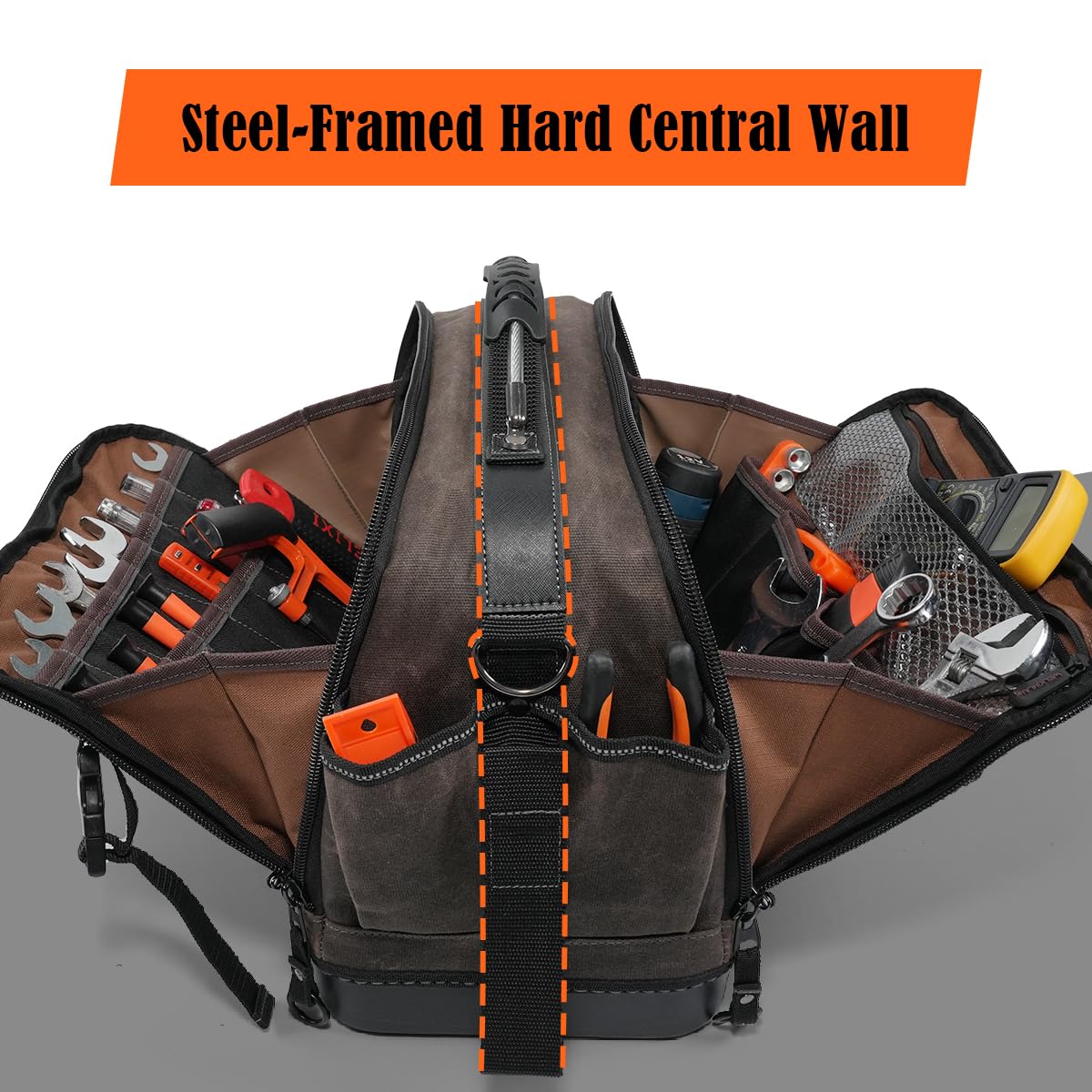 WELKINLAND 53Pockets Hard-Bottom HVAC Bag, Heavy-Duty Electrician Tool Bag,Waterproof Waxed Canvas Tools Bags, Top-Open 16 Inch Tool Bags,HVAC Service Bag For Men