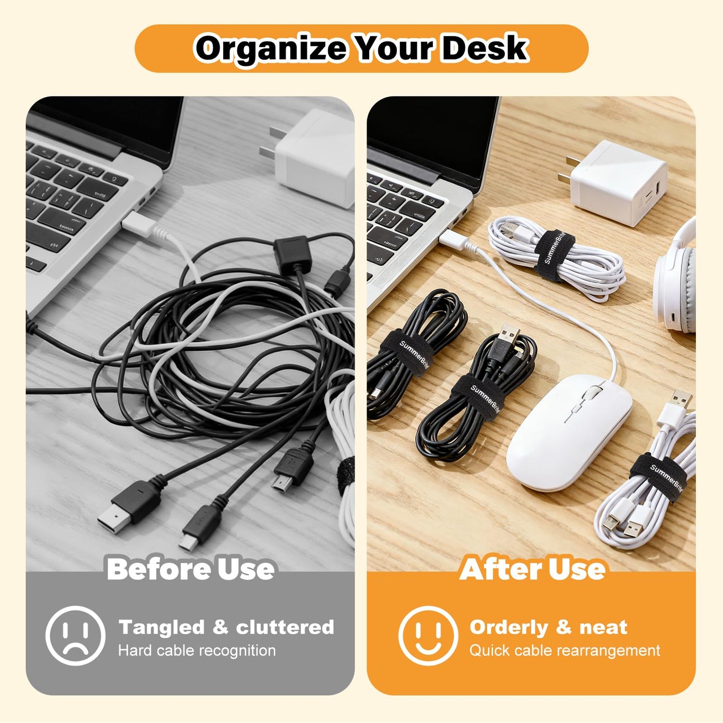 SummerBrite 70 Pack Black Cable Ties 6 Inch with Writable Labels, Reusable Cable Management Straps, Hook and Loop Cord Organizer for Home Office, PC Desk Setup, Electronics & Travel Wire Management