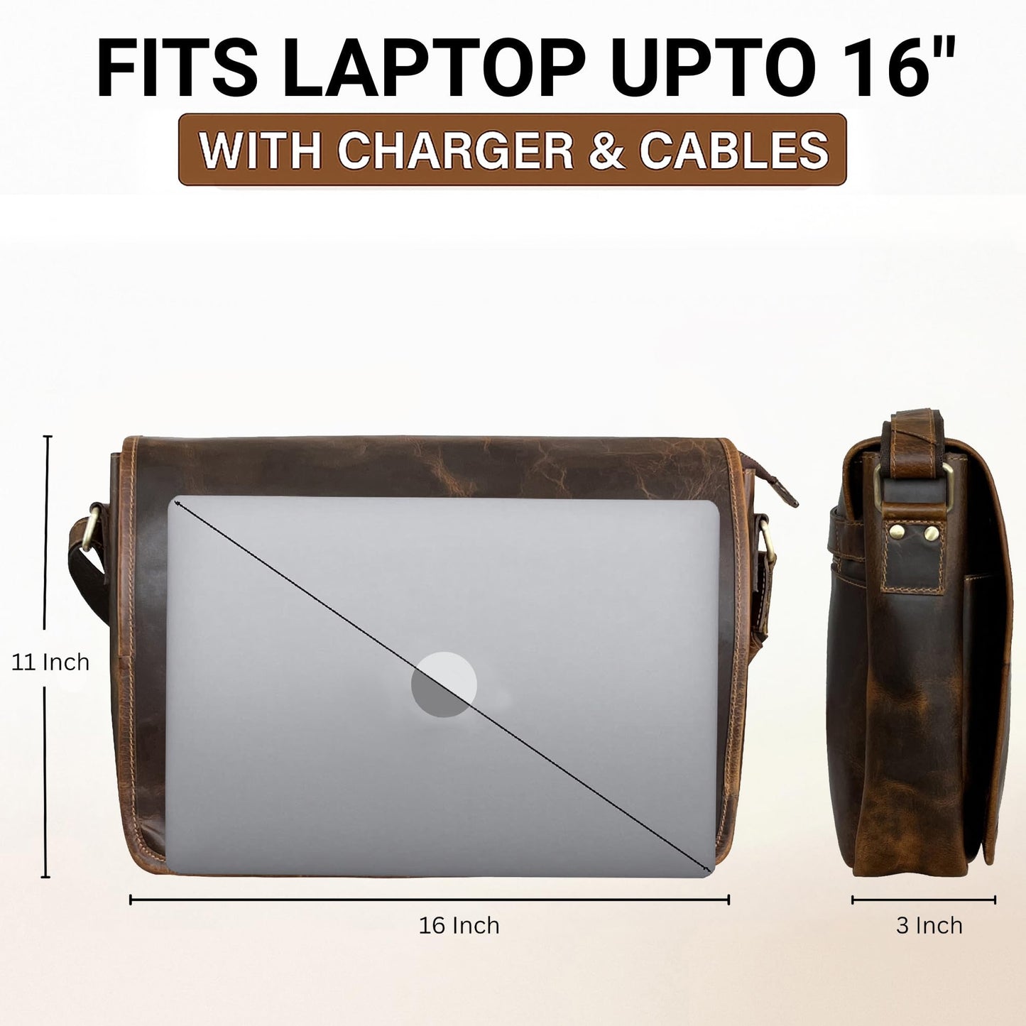 RUSTIC TOWN Leather Messenger Bag for Men Women - Full Grain Leather Laptop Satchel Office Shoulder Bag (16-Inch, Brown)
