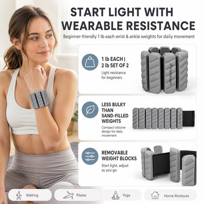 FWPSPORT 2 lb Wrist and Ankle Weights Set of 2 (1 lb Each) with Resistance Band, Adjustable Silicone Wearable Arm & Leg Weights for Walking, Pilates, Yoga, Home Workout