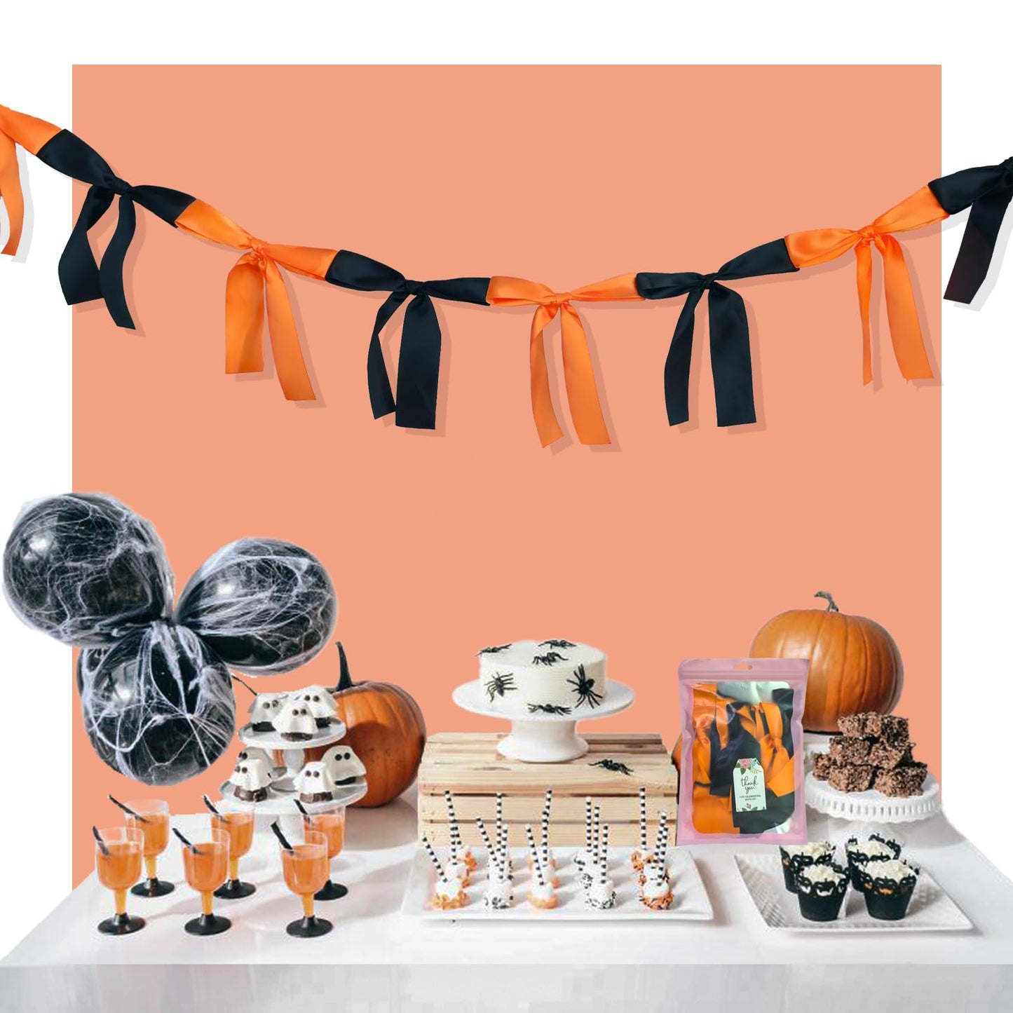 Halloween Stain Bow Garland | 6ft Linking Knot Bow Banner with 3ft Extend Ribbon for Halloween Party Vibes Wreath & Spooky Boo Decor (Orange & Black, 6ft)