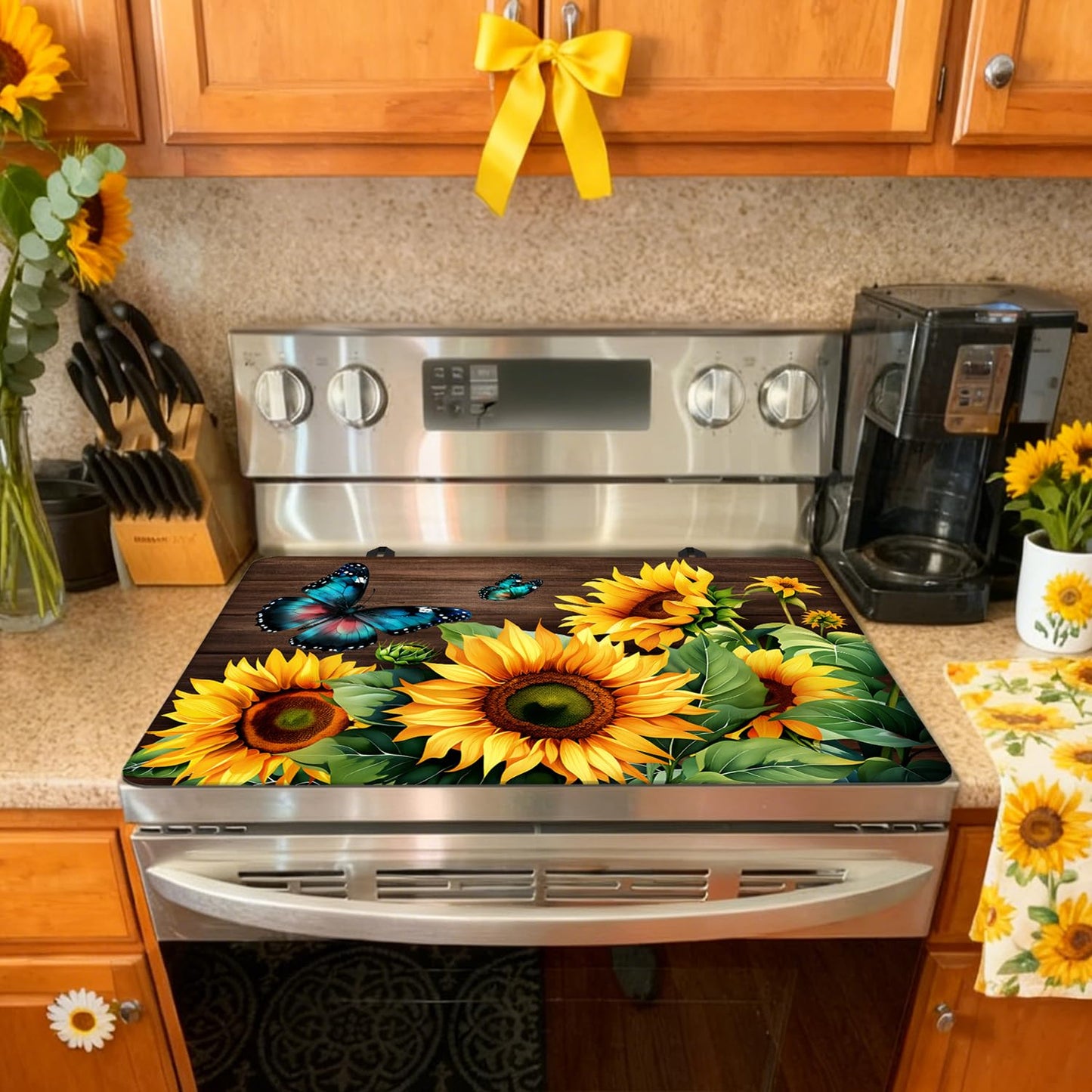 Sunflower Stove Top Cover for Electric Stove, Blue Butterfly Range Covers, Yellow Flower Range Top Mats, Spring Summer Cooktop Cover 28x20 inch, Glass Cooktop Covers for Kitchen Holiday Home Decor