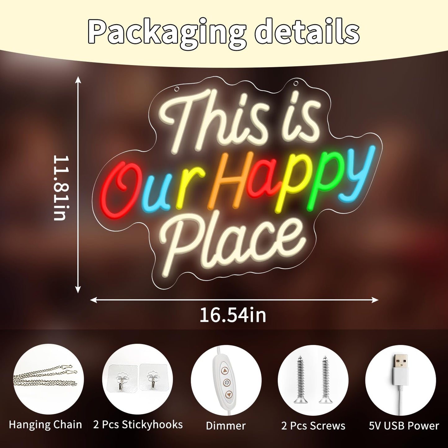 This is Our Happy Place Neon Sign, Letter Neon Signs for Wall Decor Dimmable Light up Sign, Classroom Wedding Kids Room Store Home Neon Decor 16.54 x 11.81 inch