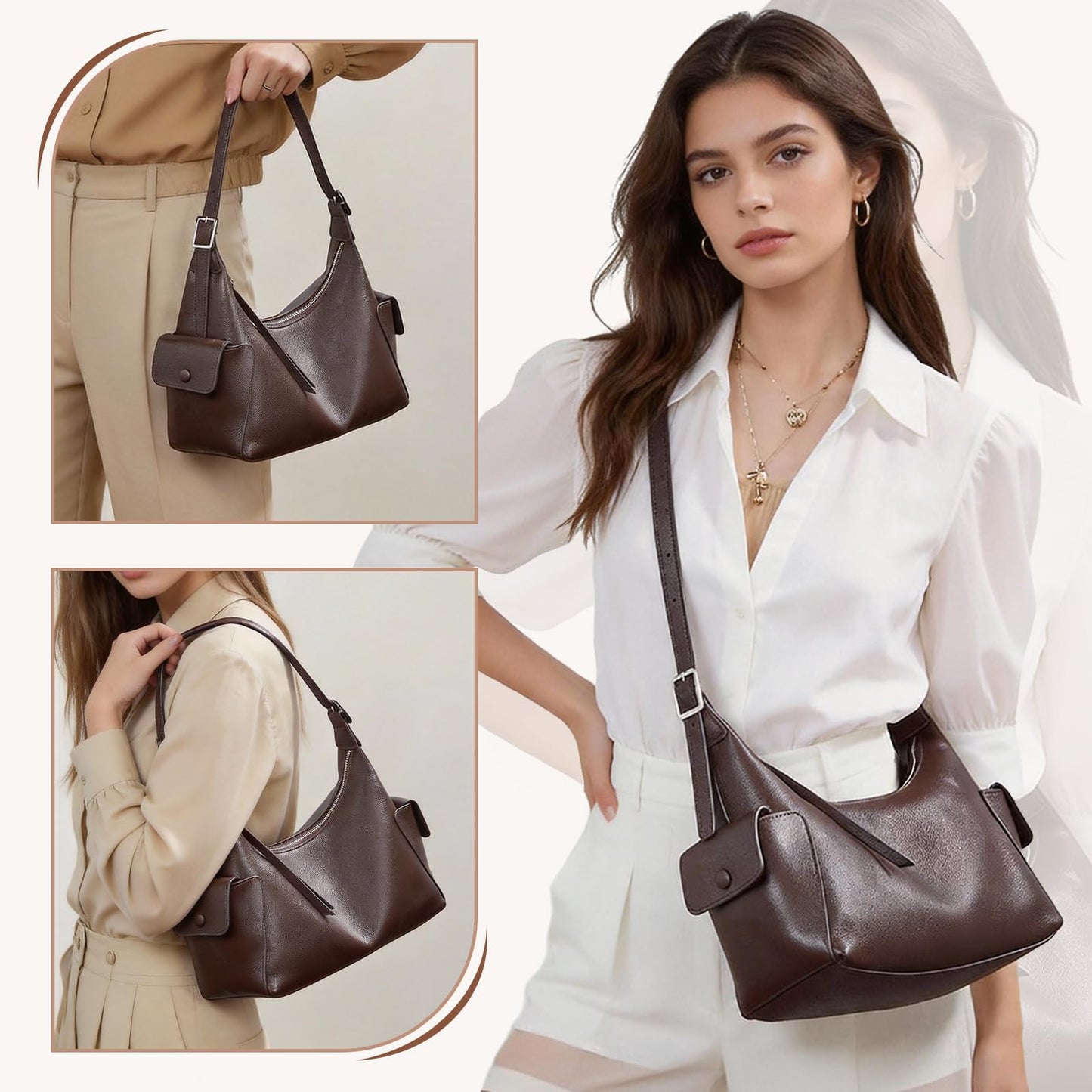 MFFOR Genuine Leather Hobo Bags, Tote Bag for Women, Slouchy Shoulder Purse, Crossbody Bags with 2 Removable Strap (Coffee)