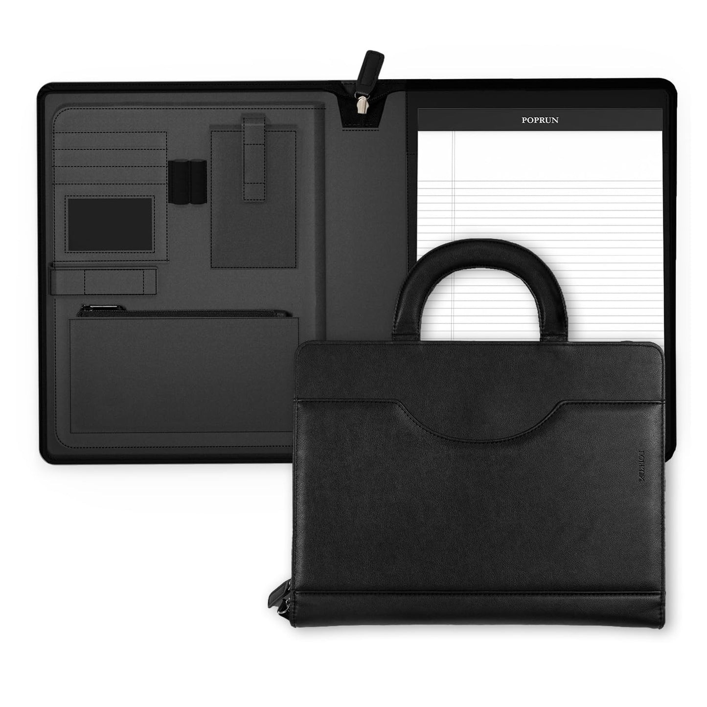 POPRUN Portfolio with Zipper, PU Leather Padfolio Document Organizer with Storage, Professional Business Folder for Meeting Presentation, Includes 50 Sheet Writing Pad, Black