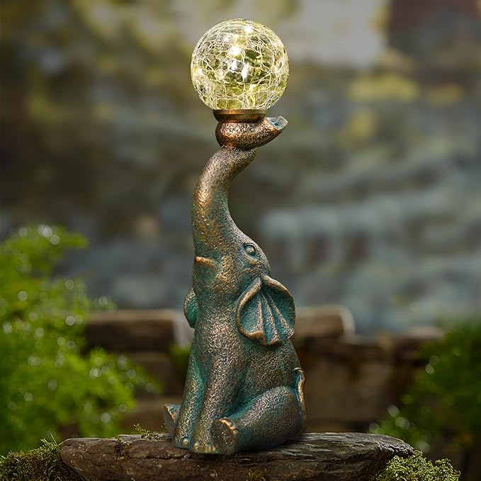 MININOVA Solar Elephant Garden Decor Outdoor Statues with Cracked Glass Ball(8 LED Lights), Cute Elephant Figurine for Patio, Lawn, Yard Decorations Gift for Mother Thanksgiving Day Christmas