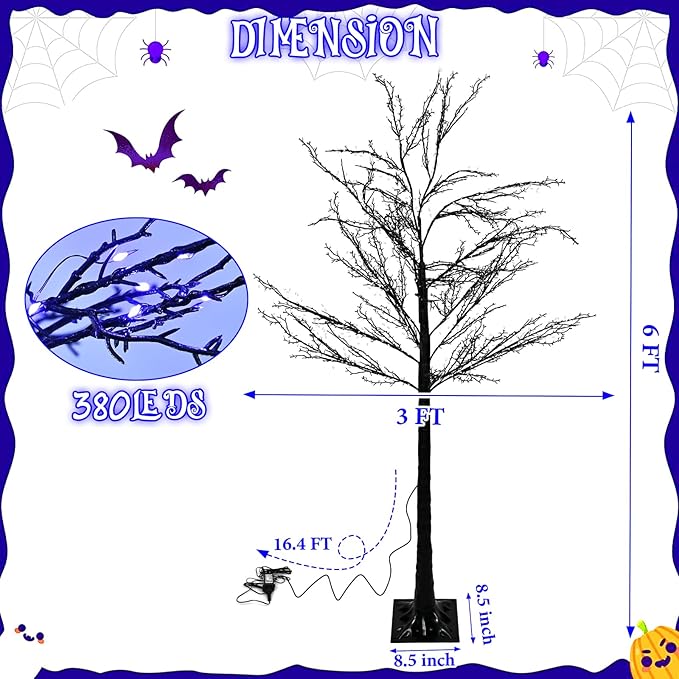 Halloween Lighted Tree Lights 6FT, 380 LED Black Halloweens Tree with Timer, DIY Bendable Branches, Halloween Decorations Outdoor & Indoor, Spooky Halloweens Yard Decor