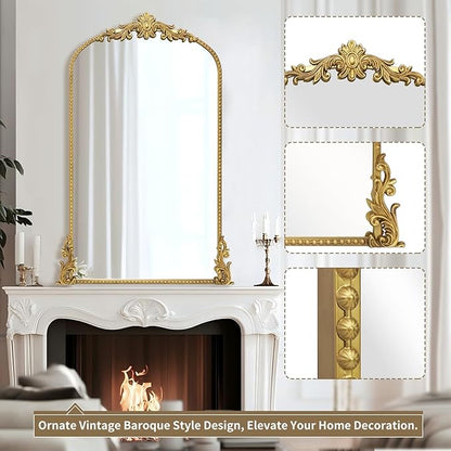 Growsun Vintage Gold Arched Mirror, 24’’x42’’ Antique Baroque Ornate Wall Mirror Decor with Full Metal Frame for Fireplace/Entryway/Living Room/Bathroom