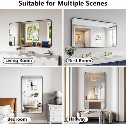 Bathroom Mirror, 30X55 Inch Black Metal Framed Mirror for Bathroom, Tempered Glass, Anti-Rust, Rounded Rectangle Mirror for Restroom, Bedroom, Black