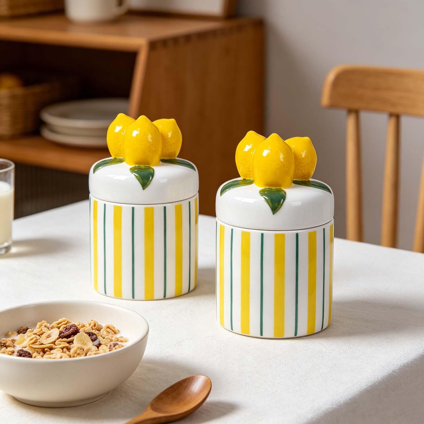 Iryanthos Cookie Jar with Airtight Lid, 16.2 fl oz Personalized Ceramic Food Storage Containers with Lemon-shaped Lid for Kitchen Countertop Decor, For Sugar Tea Coffee Spices Nut Honey - 2 pieces Set