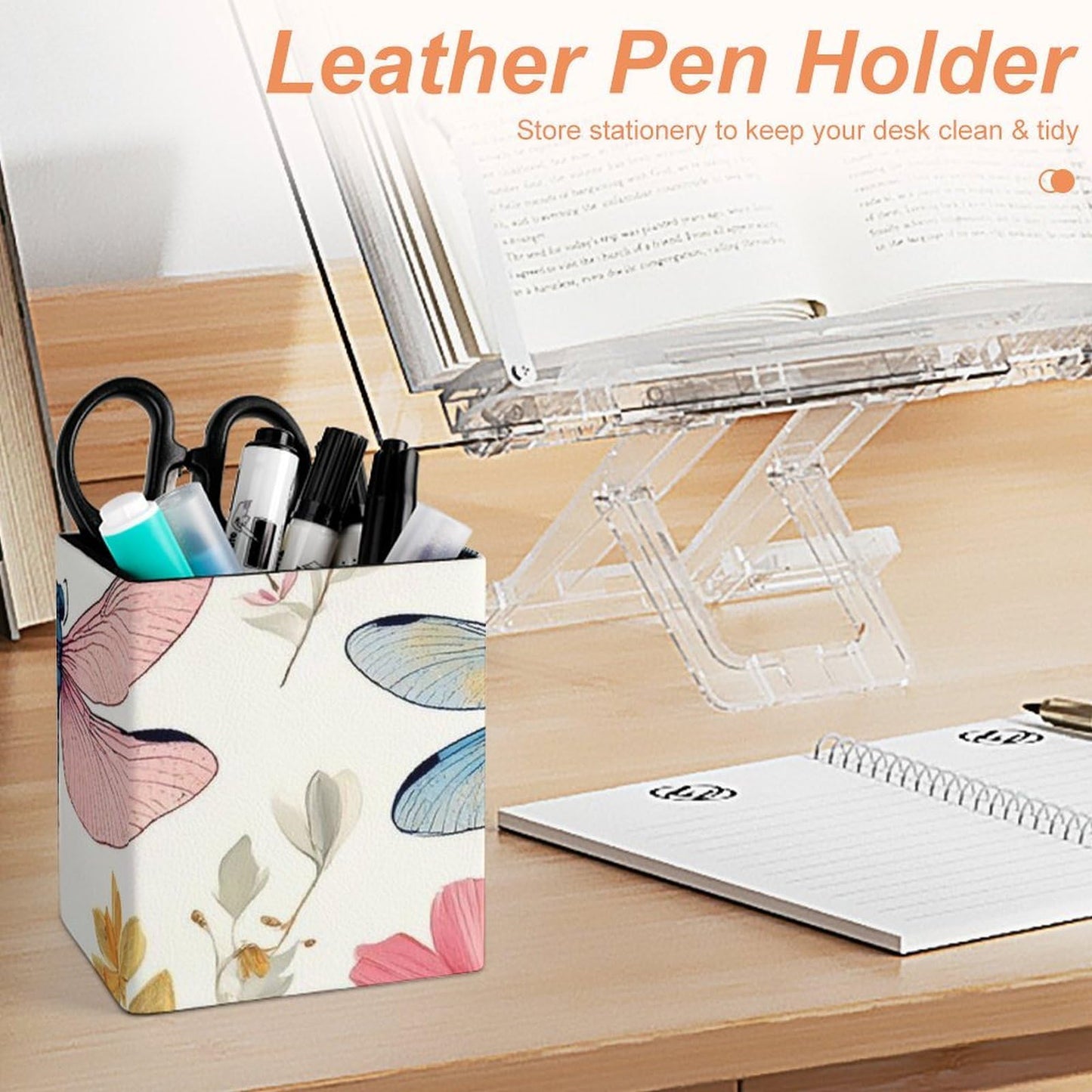 UTRSIFB Holder Cup Makeup Brush Storage Organizer, Waterproof Multifunctional Office Supplies, Pen Holder Square Leather Pencil Dragonfly