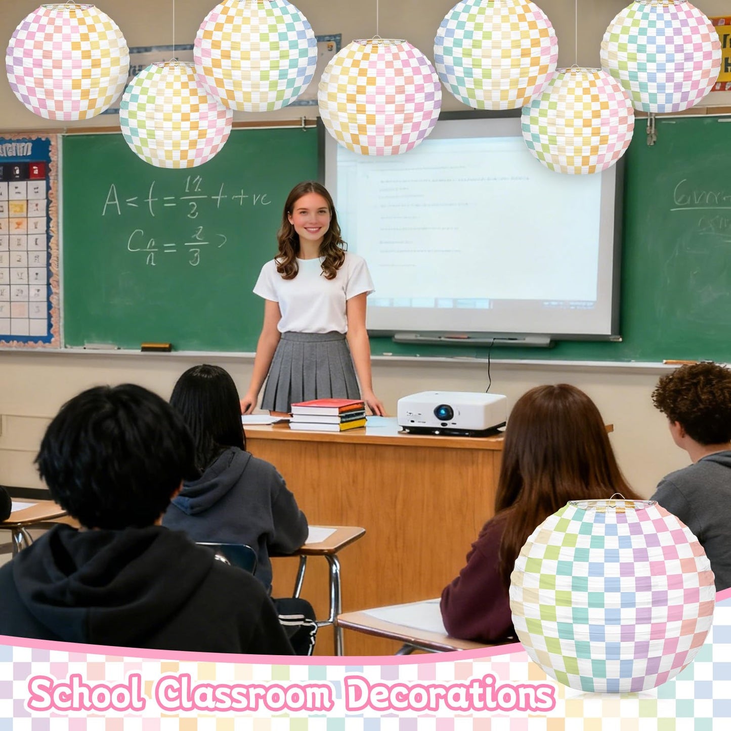 6pcs Pastel Checkered Paper Lanterns Party Decoration, 8inch Pink Gingham Ruond Hanging Lanterns Party Decor for Home Yard Ceiling Classroom Wedding Engagement Birthday Christmas Supplies