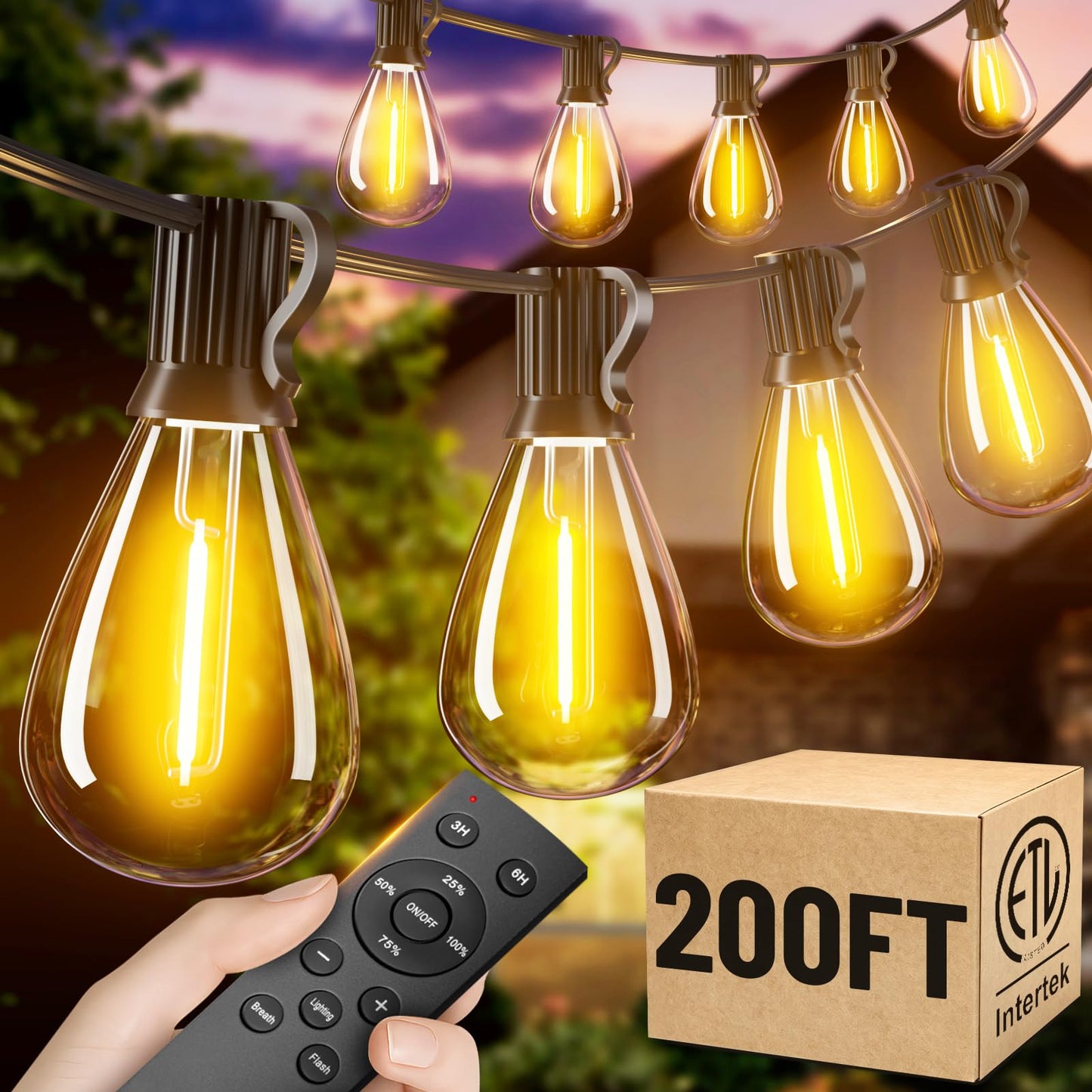 Amzrap 200FT Outdoor String Lights with Remote, Waterproof Patio Lights with 72+2 Shatterproof LED Bulbs, 2700K Dimmable Waterproof Hanging Decor for Backyard Garden Porch Bistro, Timer & 3 Modes