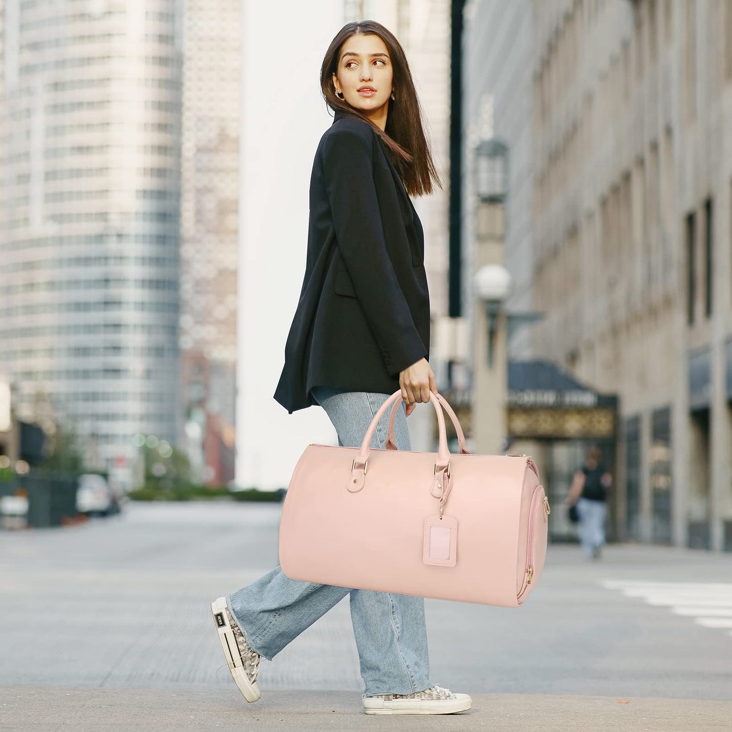 Modoker Women Convertible Leather Garment Bag with Shoulder Strap, Carry on Garment Duffel Bag - 2 in 1 Hanging Suitcase Suit Travel Bags Pink