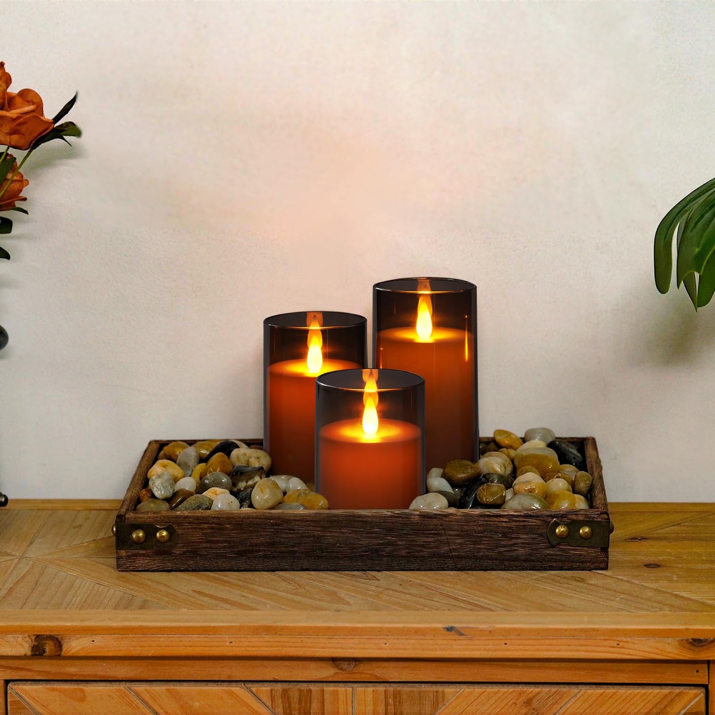 Homemory Realistic Flickering Flameless Candles Battery Operated, LED Fake Electric Candles with Remote Control and Timer for Home, Christmas Decoration, Grey, Set of 3