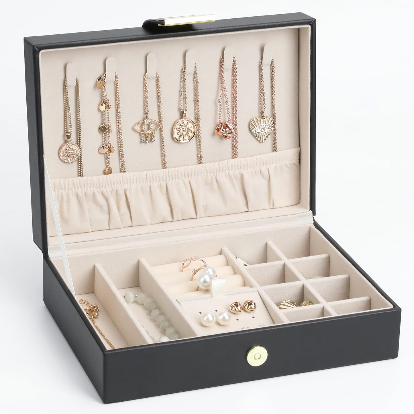 V-LAFUY Leather Strap Closure Jewelry Box Single Layer Organizer Case for Necklaces, Earrings, Rings, Compact for Travel & Home Storage Black