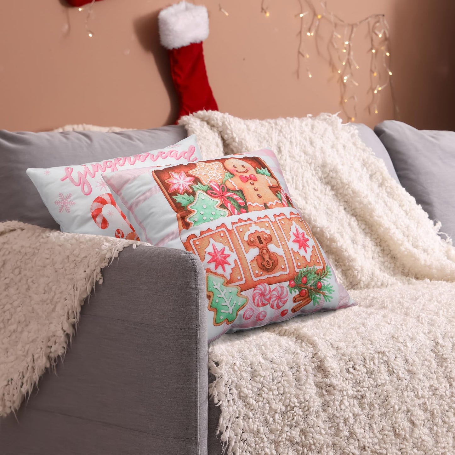 Fanfanwin 6 Pcs Pink Christmas Gingerbread Throw Pillow Covers 18 x 18 Inch Gingerbread House Truck Hot Cocoa Pink Christmas Decorative Pillow Cases for Xmas Sofa Couch Decor(Novel)