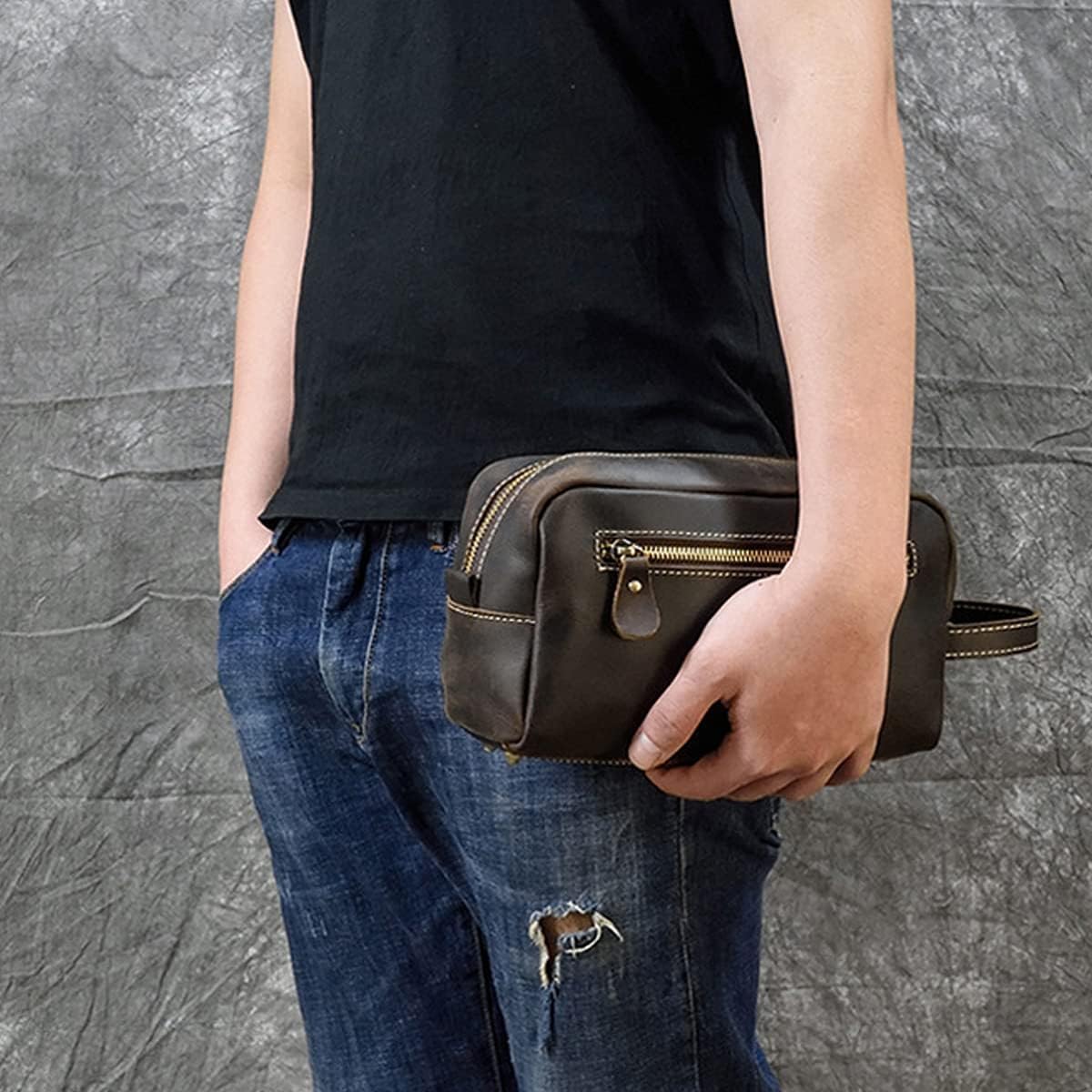 RC ROCKCOW Genuine Leather Toiletry Bag for Men Travel Shaving Dopp Kit-Large Cosmetic Bags Toiletries Bathroom Organizer