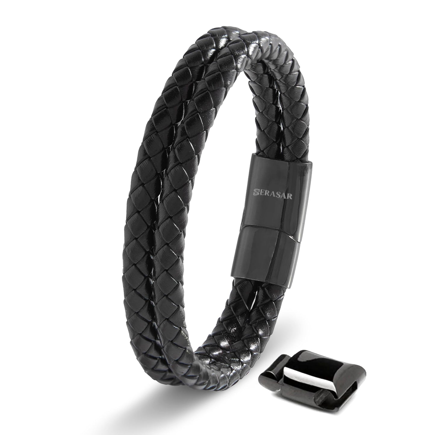 SERASAR 9″ Black Leather Bracelets for Men Mens Cowhide Gift Box Braided Bracelet Stainless Steel Jewelry Wrist Band Cuff Wrap Rope Bangle Dad Man Pulseras para Hombres Cuero Regalo