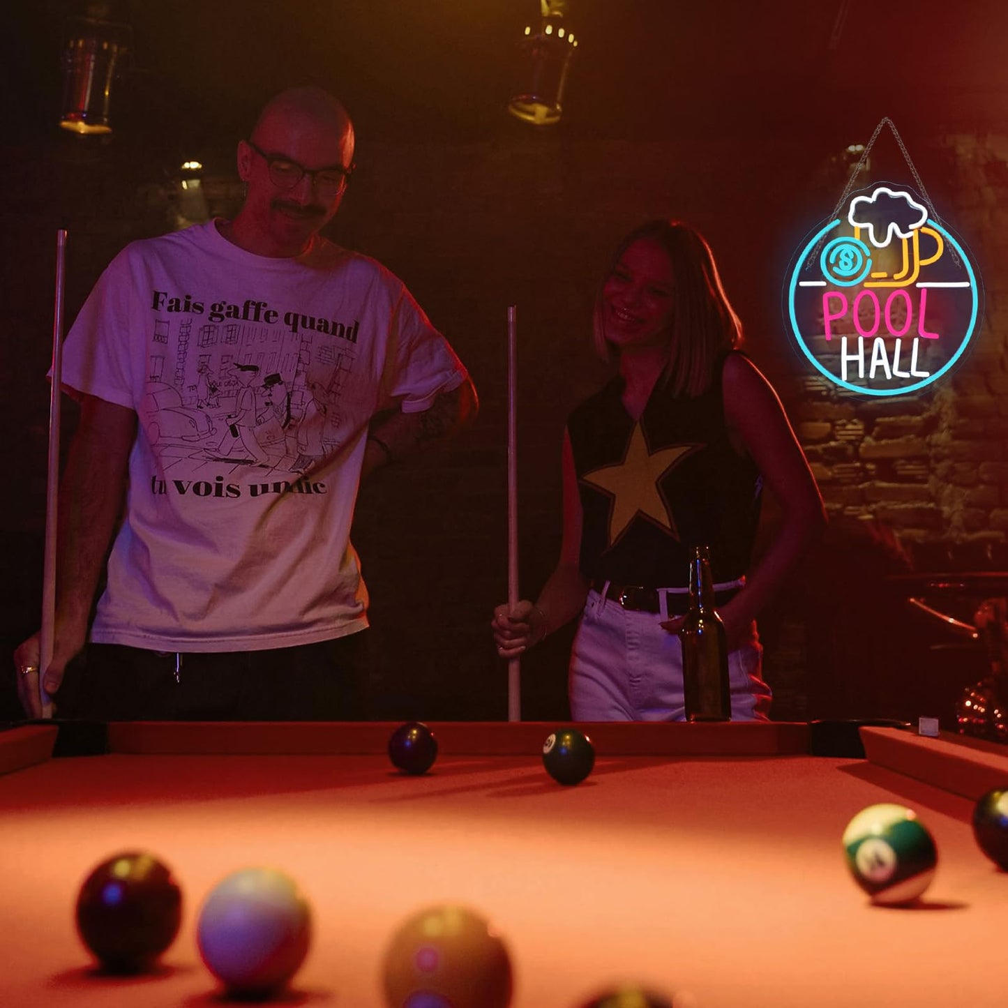 Horseneon Pool Hall Beer Neon Sign LED Light Sign Wall Decor for Pool Hall, Game Rooms, Bars, Basements & Man Caves USB Powered, Adjustable Brightness Billiards Themed Lighting