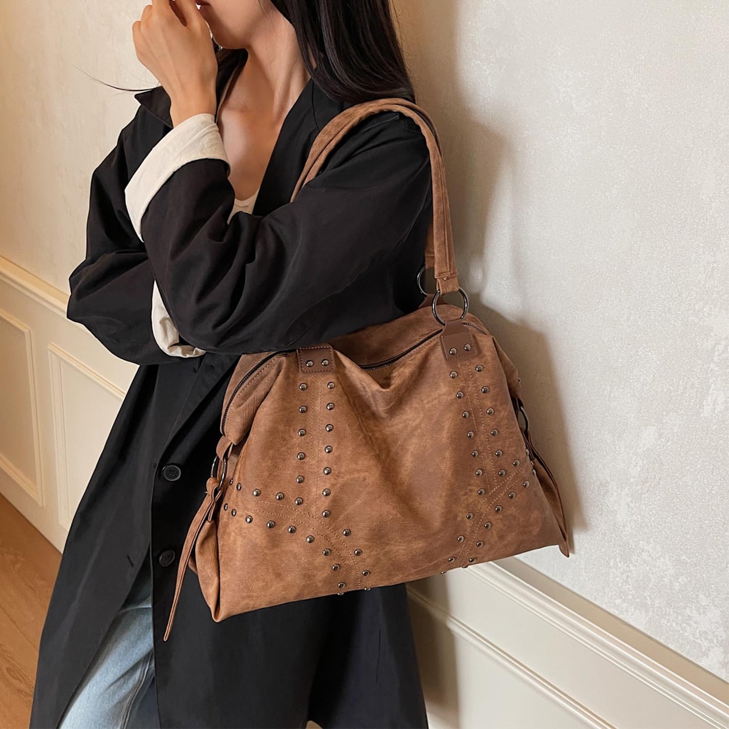 OWGSEE Studded Purse Trendy Faux Leather Studded Tote Handbag Top-Handle Hobo Bags Y2K Shoulder Bag Punk Purse for Women(Brown)