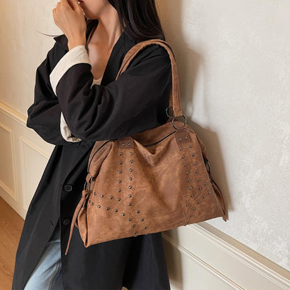 OWGSEE Studded Purse Trendy Faux Leather Studded Tote Handbag Top-Handle Hobo Bags Y2K Shoulder Bag Punk Purse for Women(Brown)