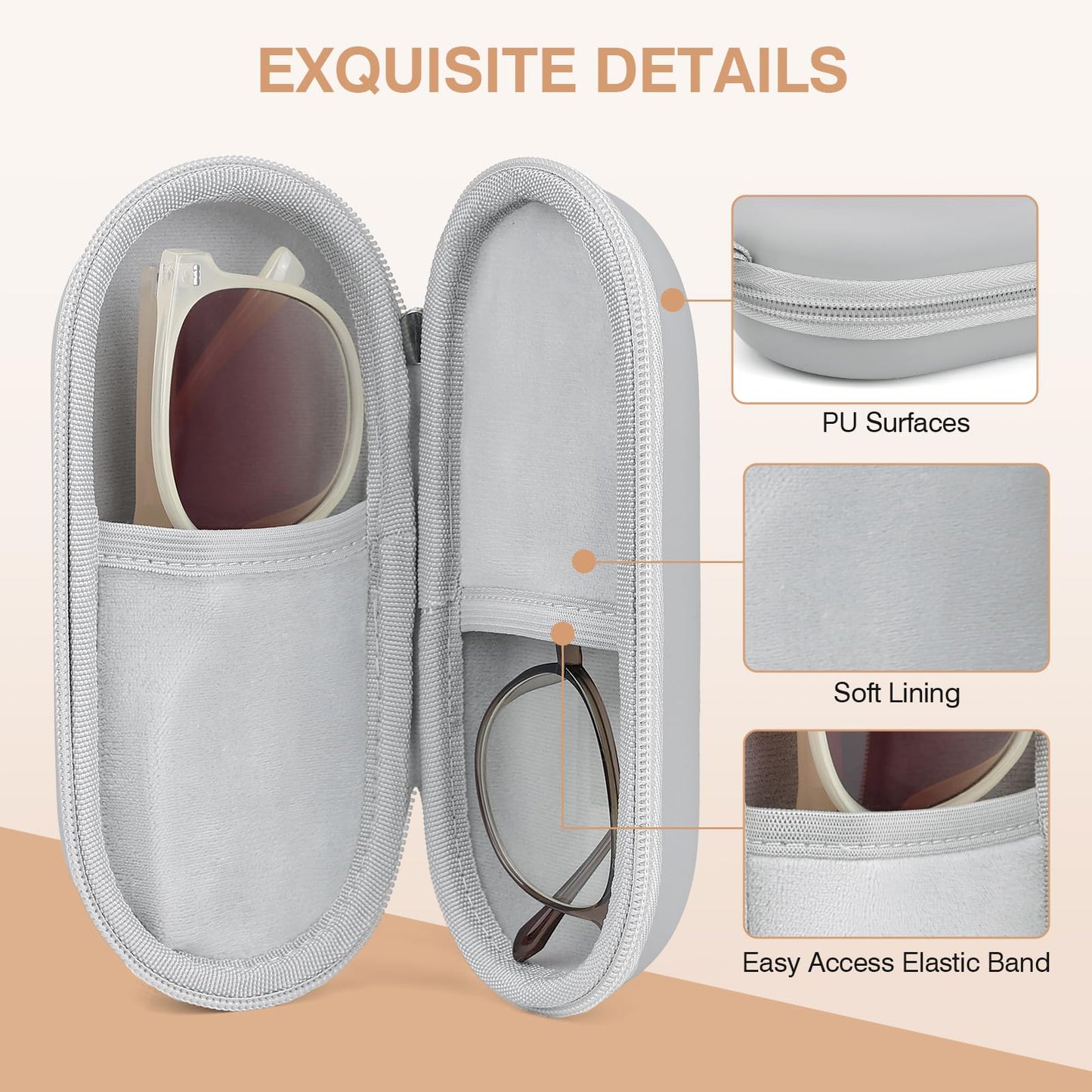 Marvolia Double Eyeglasses Case Hard Shell Dual Glasses Case with Clip & Zipper Closure Travel Sunglasses Organizer Portable Eyewear Storage Box for Men Women - Grey