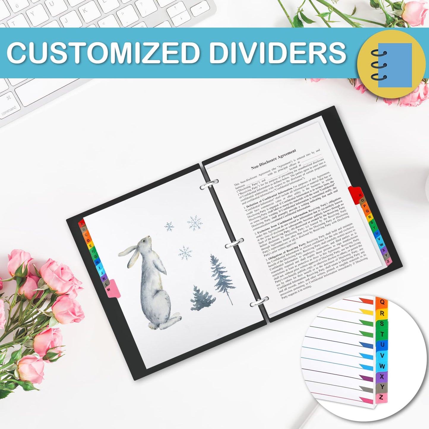 Alphabet Binder Dividers for 3 Ring Binder, COIDEA A-Z Dividers for 3 Ring Binder, Multicolor A-Z Binder Dividers with Customizable Table of Contents Page, ABC Alphabet Tabs for School Office