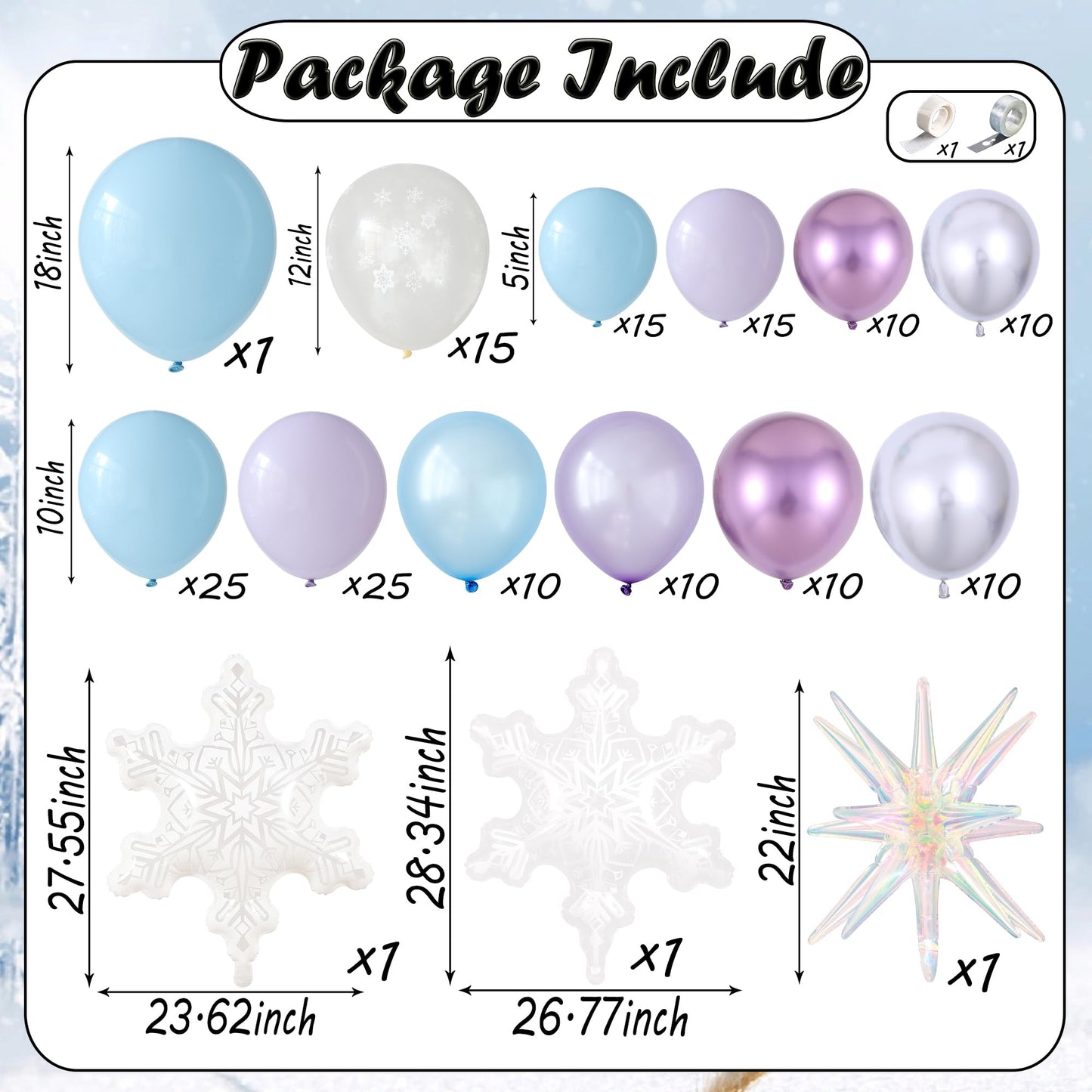 Winter Wonderland Decorations, 162Pcs Snowflake Blue Purple Balloons Arch Garland Kit with Ice Snow Iridescent Explosion Star Foil Balloons for Baby Shower Christmas Birthday Party