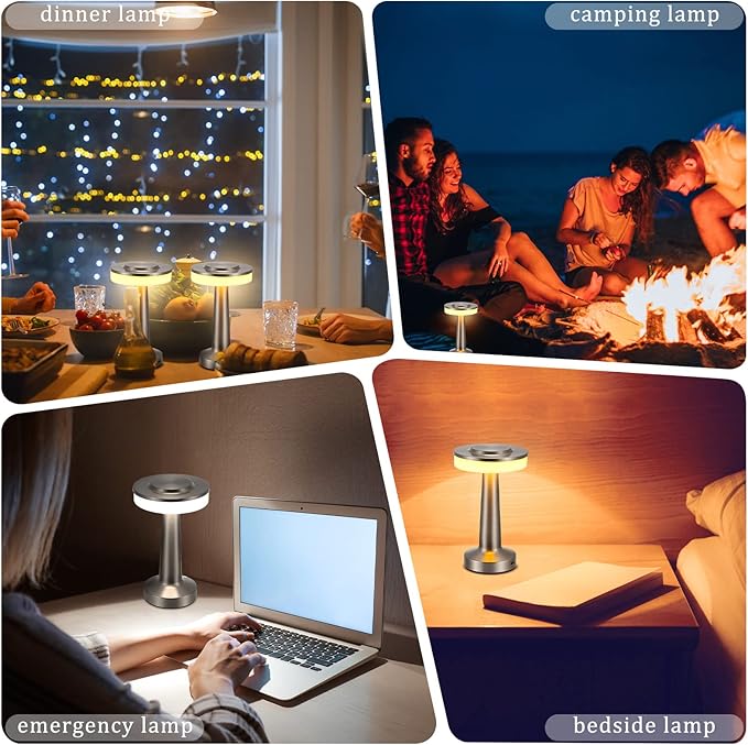 VIHOSE 8 Pcs 8 Pcs Cordless Table Lamps LED Portable Rechargeable Table Lamp with Touch Sensor 3 Color Dimming up to 15 Hours Battery Desk Light for Restaurant Nursery Living Room (Silver)
