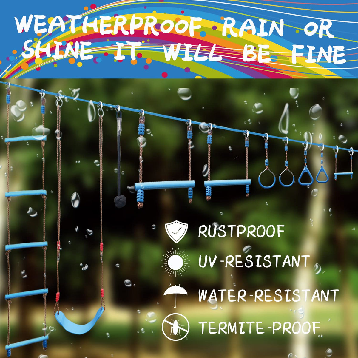 VOKSAFE Ninja Warrior Obstacle Course for Kids - Ninja Backyard Obstacle Course - 50' Weatherproof Outdoor Ninja Course Set with 10 Obstacles, Like Ladder, Swing